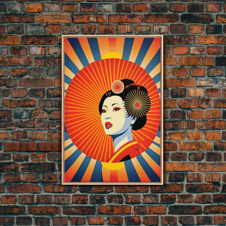 Portrait of a Geisha, Pop Art Style, Art Deco Sunburst, Framed Canvas Print