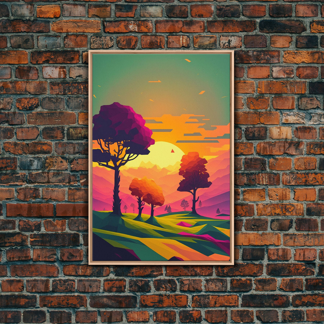 Retro Pop Art Landscape Art At Sunset, Framed Canvas Print, Outrun Style Trees and Sunset, Living Room Art