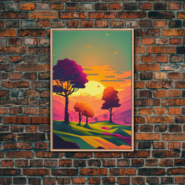 Retro Pop Art Landscape Art At Sunset, Framed Canvas Print, Outrun Style Trees and Sunset, Living Room Art
