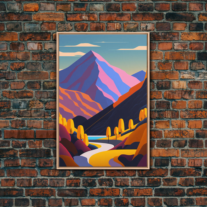 Retro Style Purple Mountain Landscape, Framed Canvas Print, MCM Style Art, Framed Wall Art, Wall Decor, Living Room / Guest Room Art