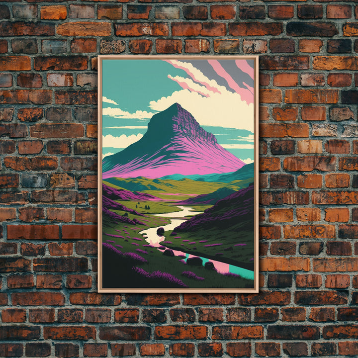 Retro Style Purple Mountain Landscape, Framed Canvas Print, MCM Style Art, Framed Wall Art, Wall Decor, Living Room / Guest Room Art
