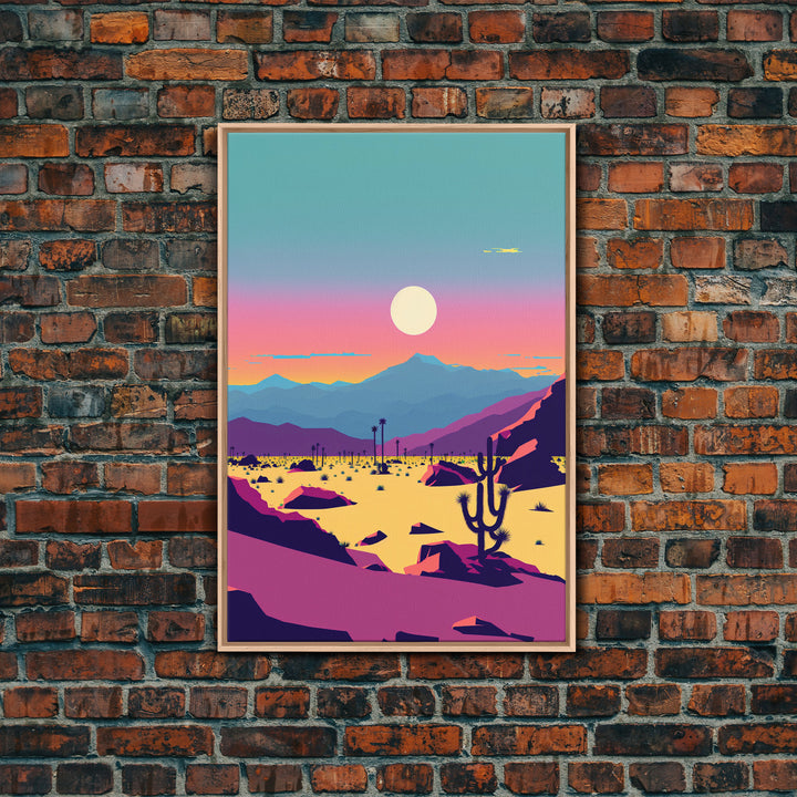 Synthwave Desert Landscape, Subdued Pastel Nature Art, Southwestern Decor, Framed Canvas Print, Pink and Turquoise Skies