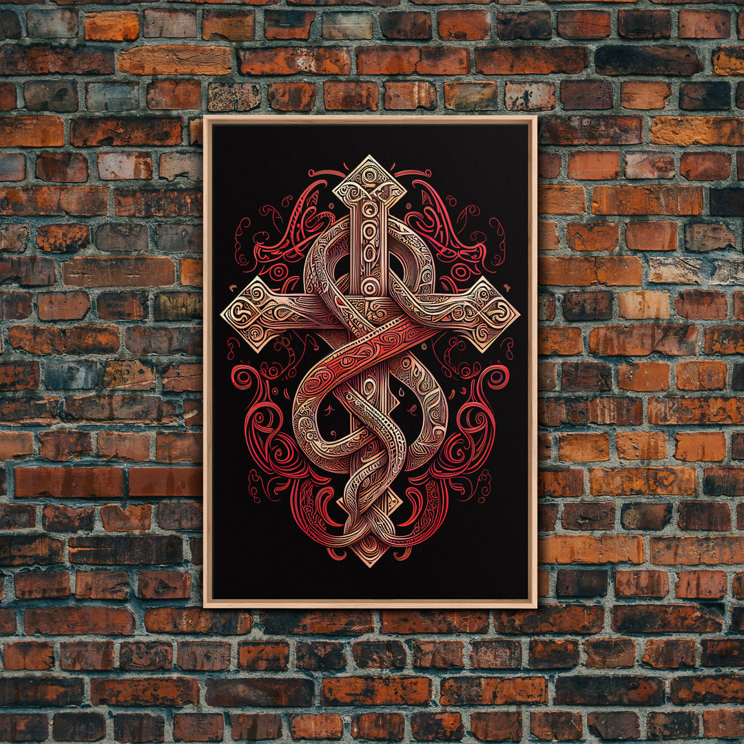 Cool Cross Art | Wall Art | Gothic Cross | Framed Canvas Print | Framed Art | Red and White Cross & Snake