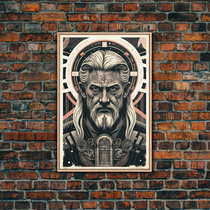 Grunge / Cyberpunk Odin, Norse Mythology, Wall Art, Framed Canvas Print, Futuristic Portrait of Odin
