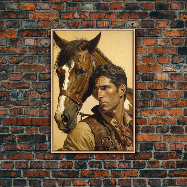 Western Cowboy Painting Canvas Print | Vintage Wall Art | Mid Century Decor | Antique Oil Painting | Moody Print | JC Leyendecker Inspired