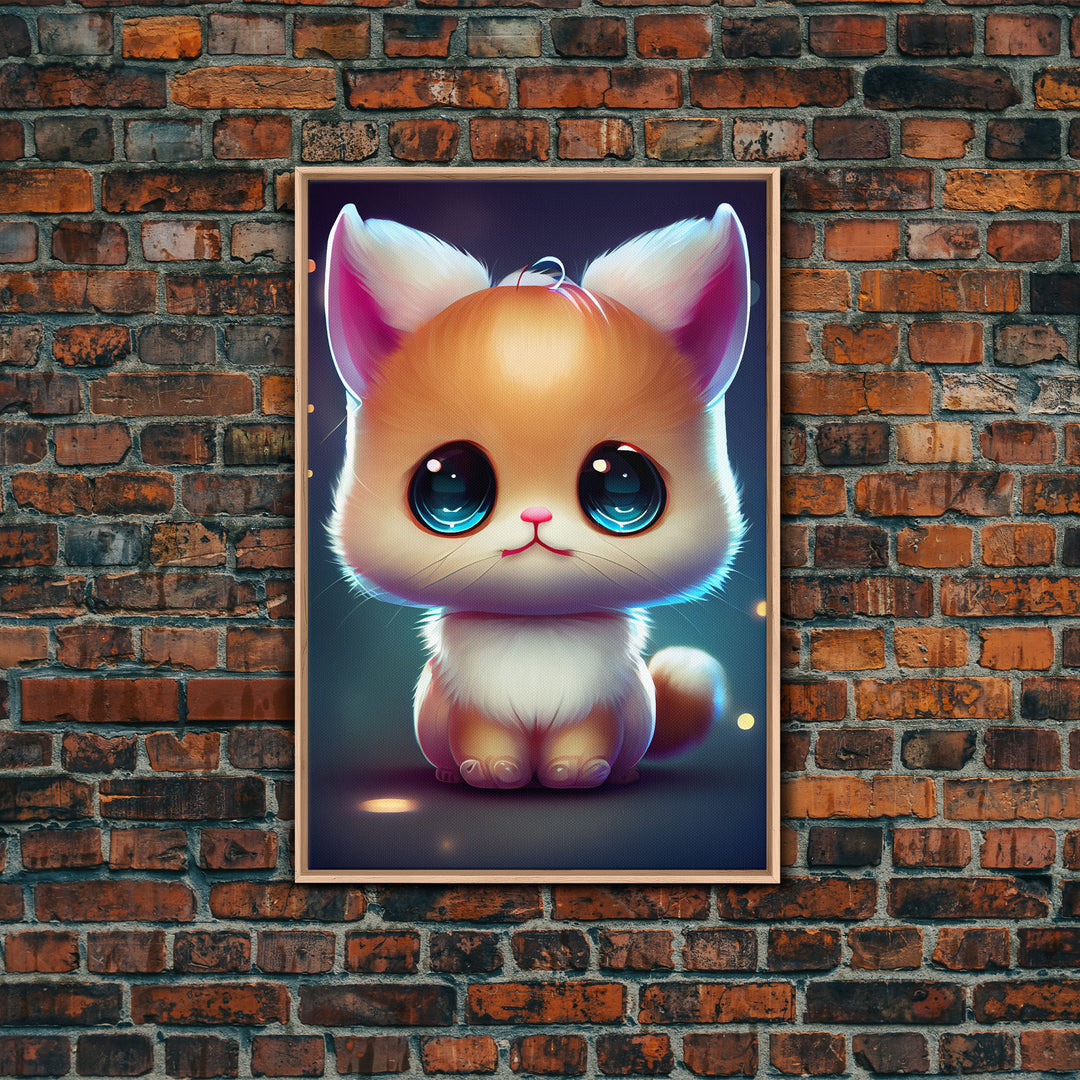 Cute Kawaii Kitten, Anime Style Art, Framed Canvas Print, Framed Art, Cat Portrait, Cartoon Cat, Kawaii Artwork