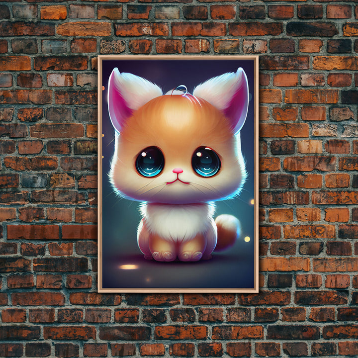 Cute Kawaii Kitten, Anime Style Art, Framed Canvas Print, Framed Art, Cat Portrait, Cartoon Cat, Kawaii Artwork