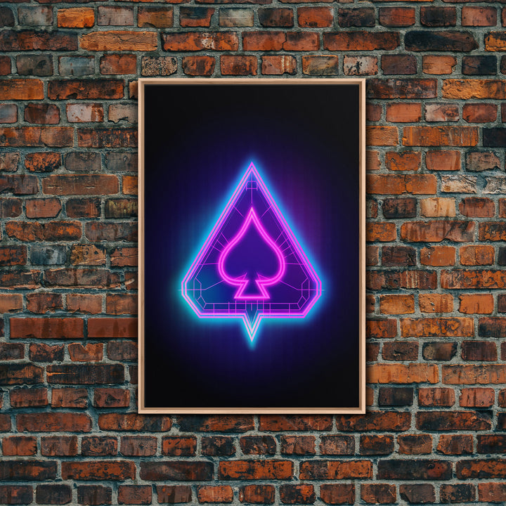 Glowing Neon Lights Pink Spades Wall Decor, Poker Wall Art, Cards, Minimalist Print, Wall Decor, Canvas Print, Wall Art, Framed Canvas