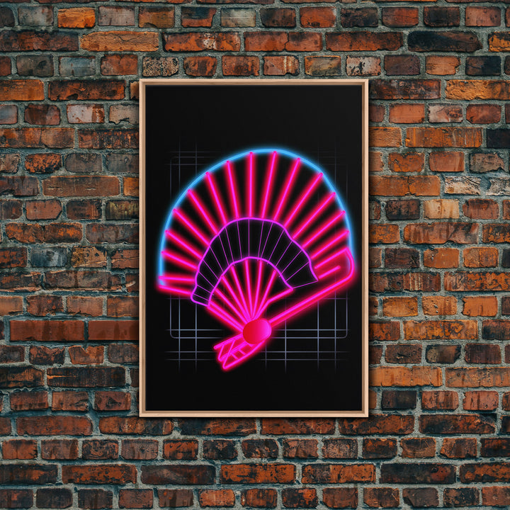 Neon Lights Folding Fan Wall Art, Line Art Print, Pink, Glowing Art, Minimalist Print, Wall Decor, Canvas Print, Wall Art, Framed Canvas