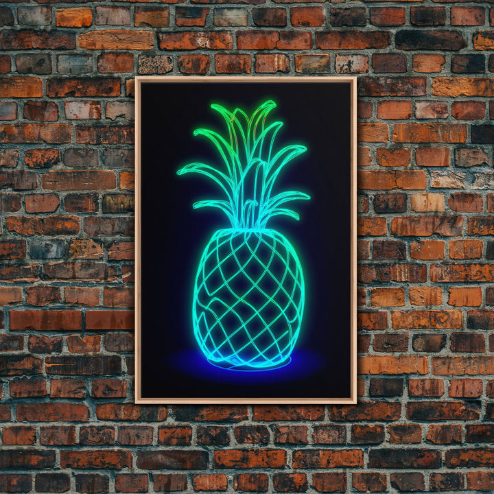 Green Neon Lights Pineapple Wall Decor, Fruit Art, Kitchen Wall Art, Minimalist Print, Wall Decor, Canvas Print, Wall Art, Framed Canvas