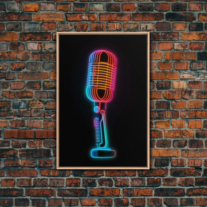 Neon Lights Retro Microphone Wall Art, Vibrant Art, Music Room Wall Art, Minimalist Print, Wall Decor, Canvas Print, Wall Art, Framed Canvas