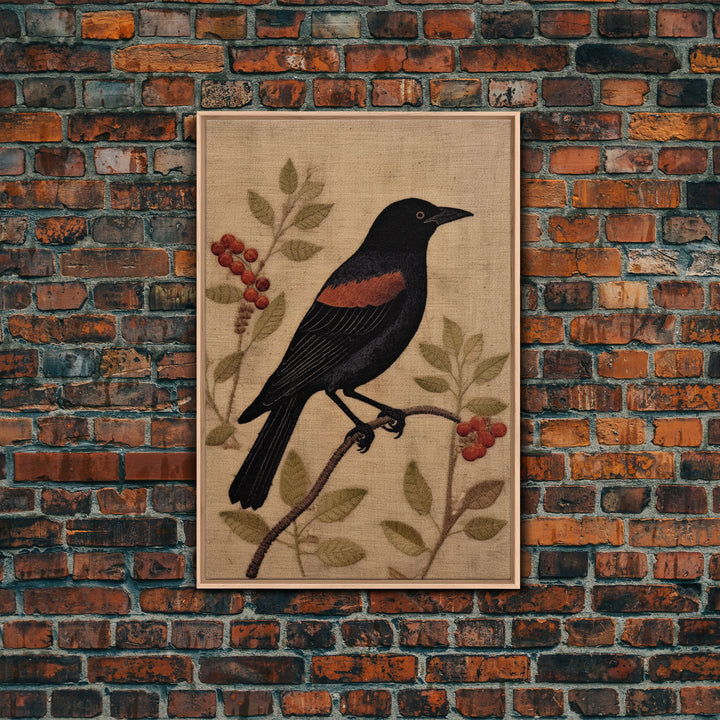 Raven Print, Antique Bird Painting Print, Vintage Drawing Framed Canvas Print Wall Art, Black Raven, bird nature print, bird lovers gift