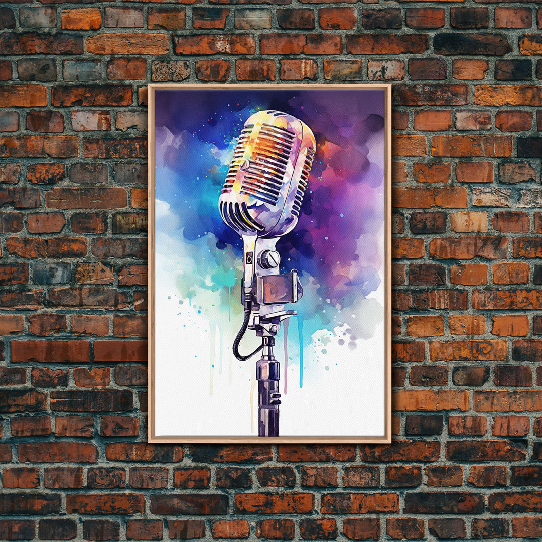Neon Graffiti Splatter Paint Microphone Art, Vintage Microphone Painting Framed Canvas Print, Studio Wall Art, Music Studio Decor
