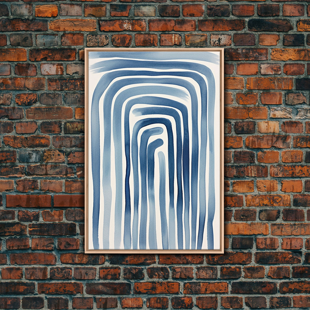 Framed Canvas Print Watercolor Blue Geometric Pastel Lines, Minimalist Abstract Room Decor, Mid-Century Modern Art Print, Retro Art