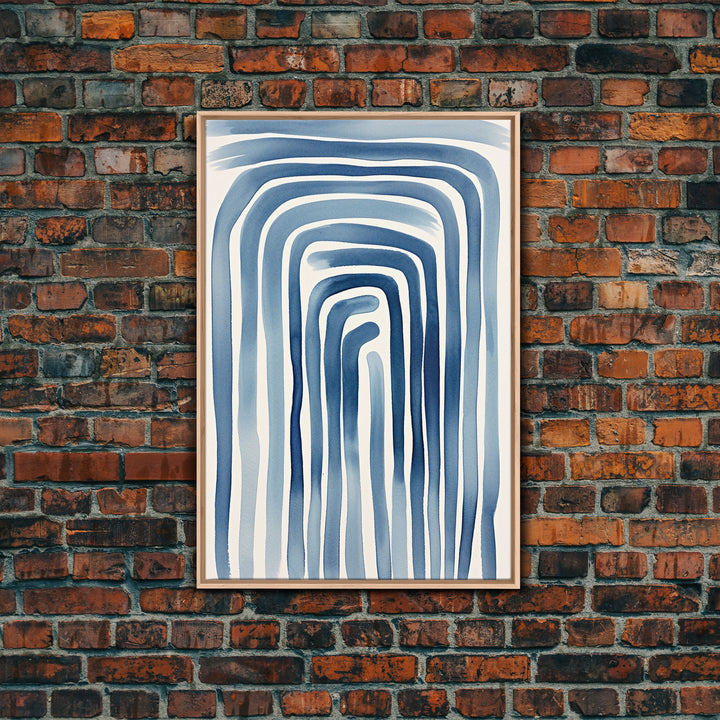 Framed Canvas Print Watercolor Blue Geometric Pastel Lines, Minimalist Abstract Room Decor, Mid-Century Modern Art Print, Retro Art