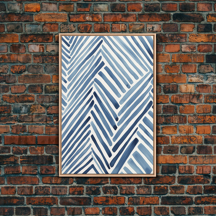 Framed Canvas Print Watercolor Blue Geometric Pastel Lines, Minimalist Abstract Room Decor, Mid-Century Modern Art Print, Retro Art