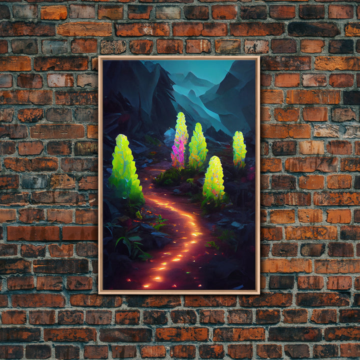 Magical forest canvas print, glowing mushroom art, fantasy forest wall art, gloomy dark home decor, luminescent forest trail wall art