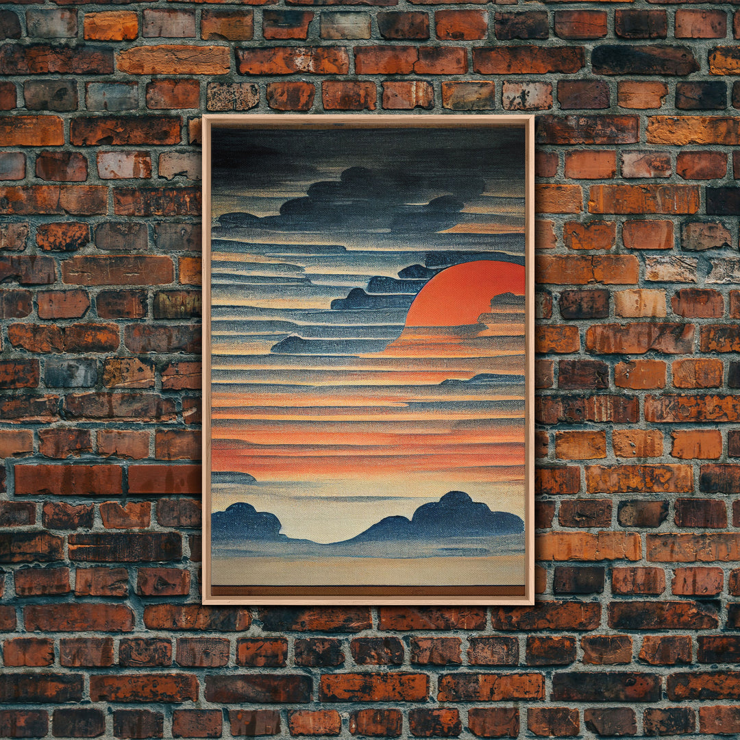 Japanese style wall art, sunrise over the mountains, canvas print, woodblock print style art, Hokusai style wall art