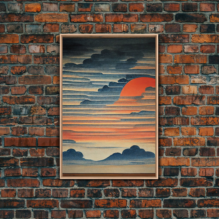 Japanese style wall art, sunrise over the mountains, canvas print, woodblock print style art, Hokusai style wall art