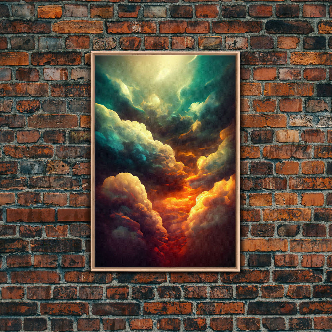 Watercolor painting canvas print of a thunder storm, gloomy wall art, golden hour, cool rain storm wall art, stormy skies