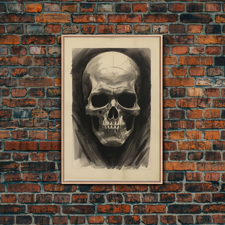 Charcoal Drawing, Human Skull, Gothic Art Print, Spooky Decor, Canvas Print, Wall Art, Vertical Art, Gaming Wall Decor, Office Wall Decor