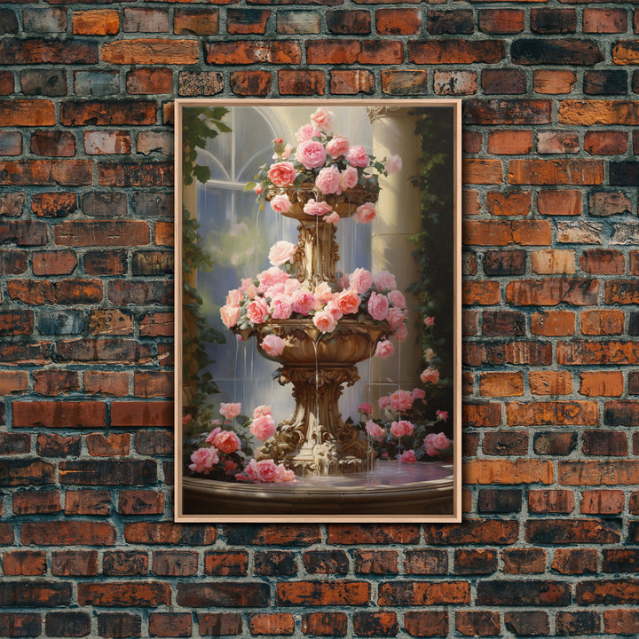 Fountain Wall Print, Pink Roses Wall Art, Flower Art Print, Canvas Print, Wall Art, Vertical Print, Botanical Art, Country Home Decor