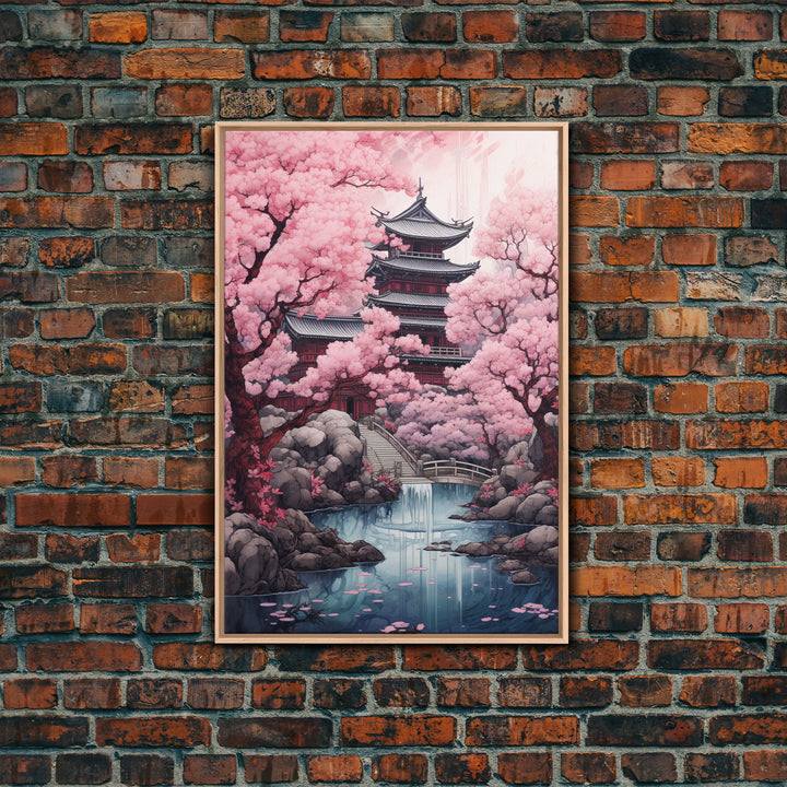 Pagoda Wall Art, Japanese Wall Art, Asian Art, Cherry Blossom Tree, Canvas Print, Wall Art, Vertical Art, Engagement Gift, Prints Wall Art