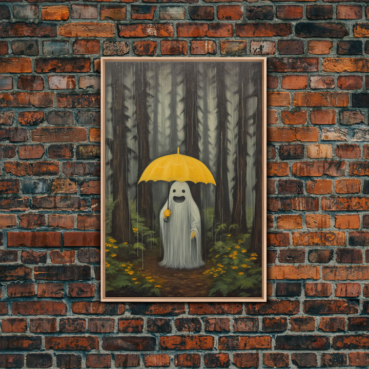 Happy Ghost In The Rain,  Vintage Halloween Canvas, Framed Canvas Print, Cute Wall Art, Who's Haunting Who?