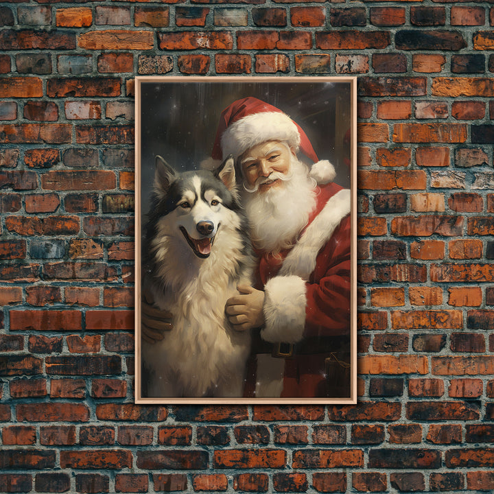 Santa Claus Holding An Alaskan Malamute,  Christmas Wall Art, Dog Gift, Christmas Dog, Winter Wall Art, Santa Decor, Santa Art Print