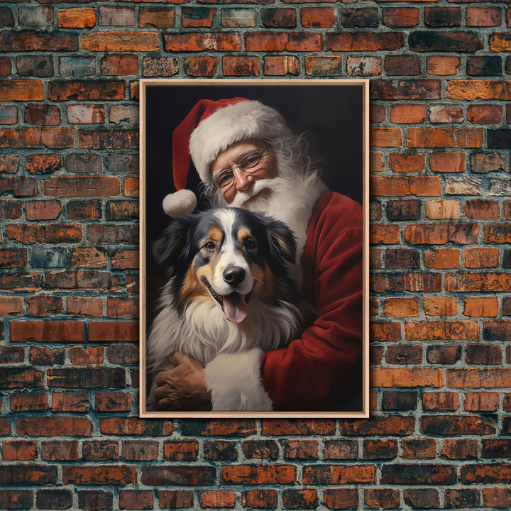 Santa Claus And His Australian Shepherd, Christmas Wall Art, Dog Gift, Christmas Dog, Winter Wall Art, Santa Decor, Santa Art Print
