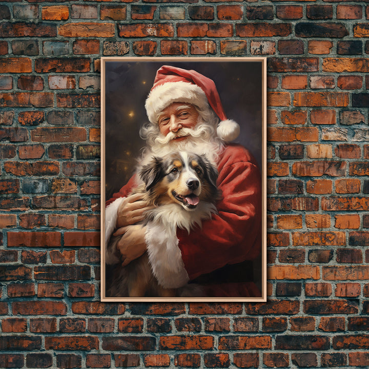 Santa Claus And His Australian Shepherd, Christmas Wall Art, Dog Gift, Christmas Dog, Winter Wall Art, Santa Decor, Santa Art Print