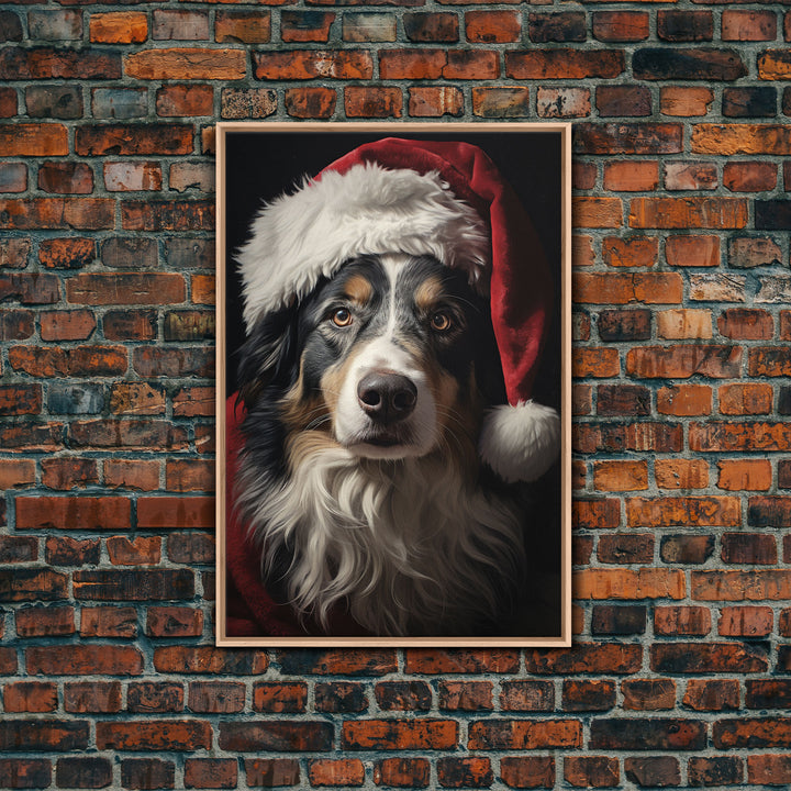 Portrait Of An Australian Shepherd In A Santa Hat, Christmas Art, Christmas Decor, Christmas Wall Art, Christmas Painting, Vintage Christmas