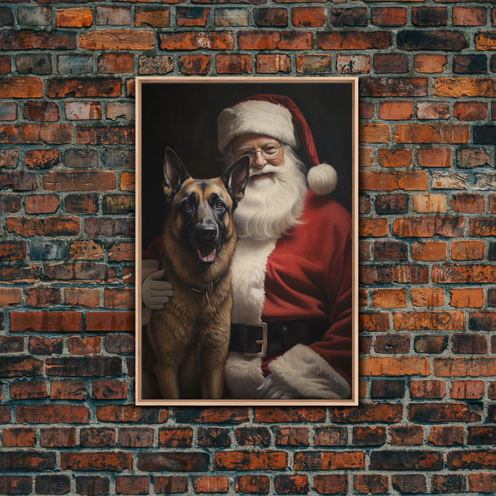 Santa Claus and his Belgian Malinois, Cute Dog Art, Framed Canvas Print, Christmas Art, Christmas Decor, Christmas Art Print, Cute Dog Print