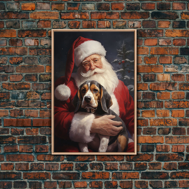 Santa Claus and his Beagle, Cute Dog Art, Framed Canvas Print, Christmas Art, Christmas Decor, Christmas Art Print, Christmas Wall Art