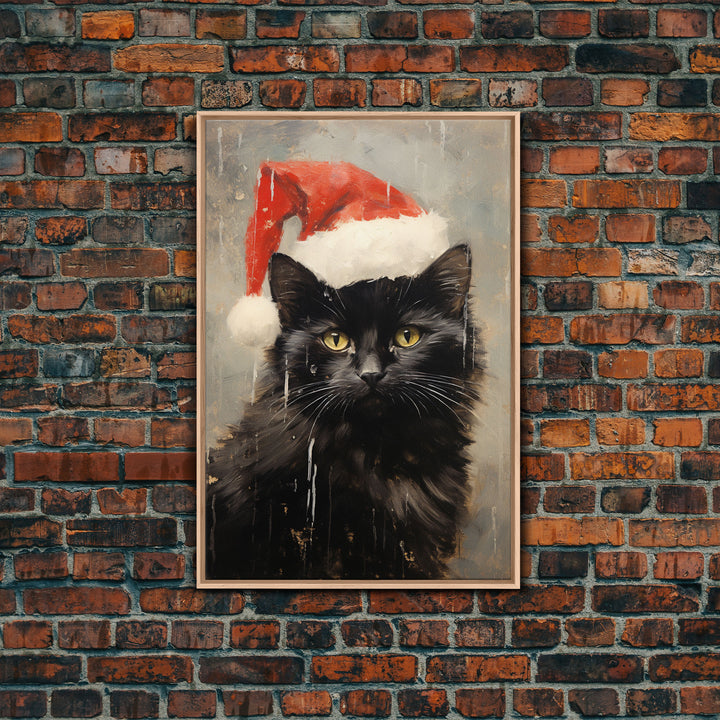 Christmas Cat In A Christmas Hat, Farmhouse Christmas, Farmhouse Decor, Framed Canvas Print, Seasonal Wall Art, Winter Decor, Christmas Art