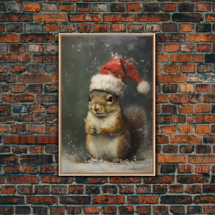 Cute Christmas Squirrel In A Santa Hat, Christmas Art, Christmas Decor, Christmas Wall Art, Farmhouse Christmas, Vintage Christmas Woodland