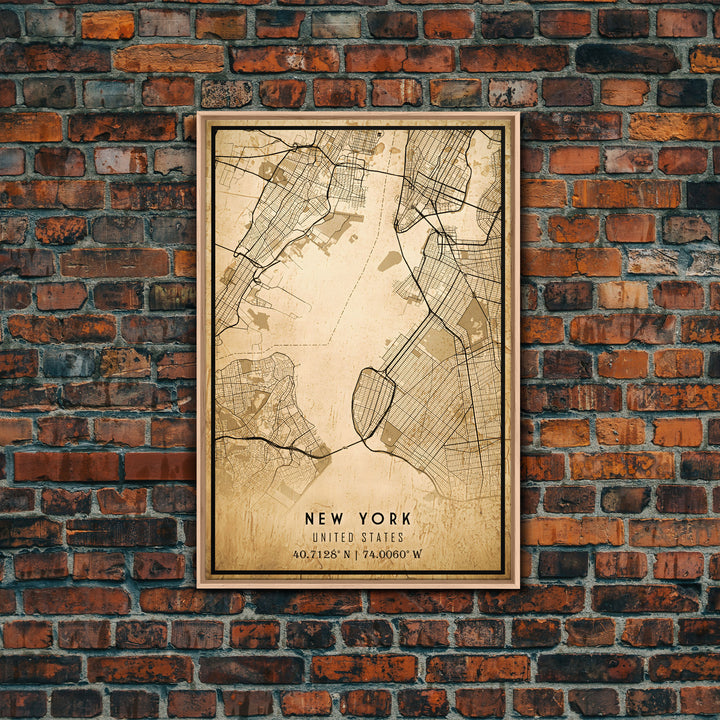 Old New York City Map Wall Art Canvas Print, Vintage Style New York City Map, Framed Wall Art, Cool NYC New York Wall Art, Office Decor