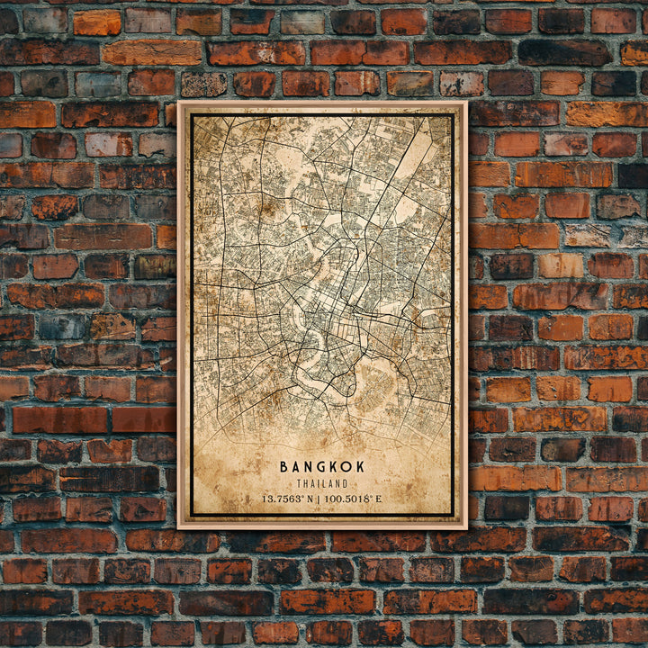 Old Bangkok City Map Wall Art Canvas Print, Vintage Style Bangkok Map, Framed Wall Art, Cool Bankok Thailand Wall Art, Office Decor