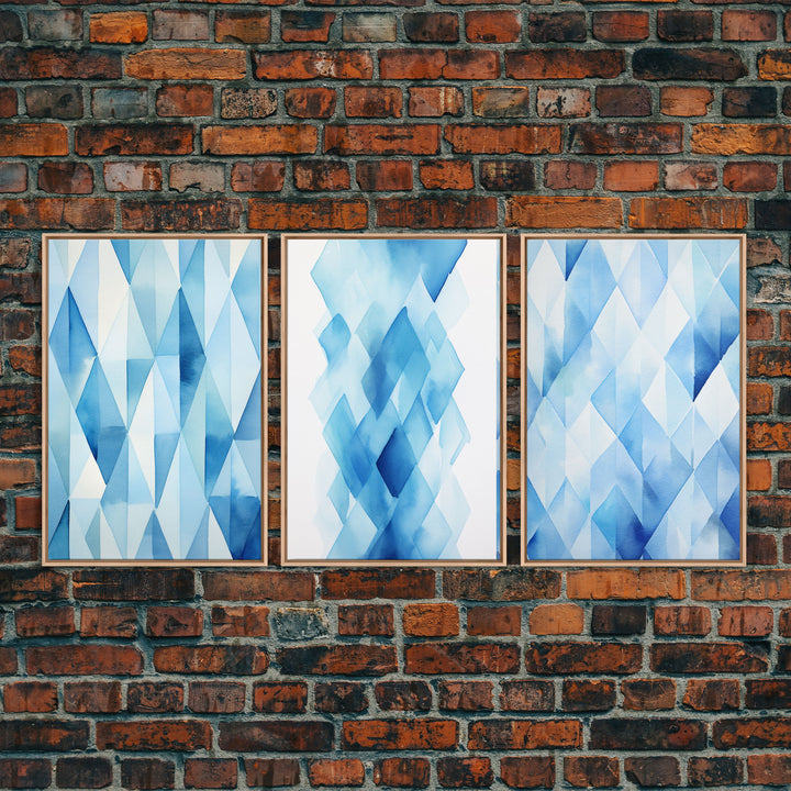 Watercolor Blue Geometric Pastel Diamond Art, Framed Canvas Print, Minimalist / Abstract Midcentury Modern Art, MCM Art, Living Room Decor