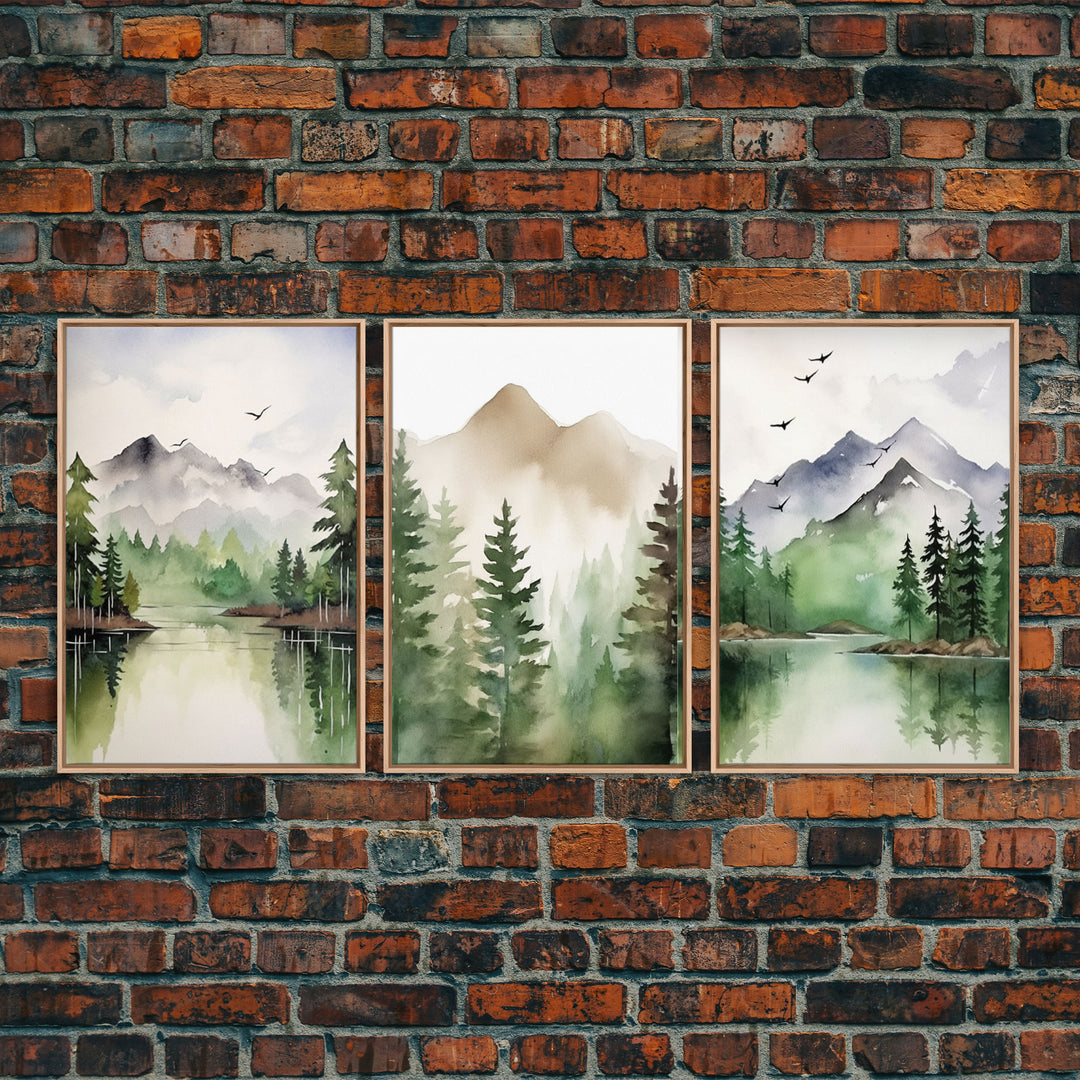 Green Forest Watercolor Framed Canvas Wall Art Set, Green Forest Lake Vintage Landscape Prints Rustic Farmhouse 3 Piece Wall Decor