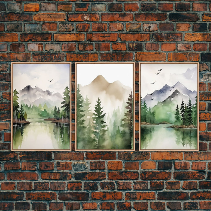 Green Forest Watercolor Framed Canvas Wall Art Set, Green Forest Lake Vintage Landscape Prints Rustic Farmhouse 3 Piece Wall Decor