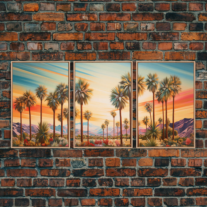Retro Vibes, Arizona Desert Sunset, Framed Canvas Prints, 3 Piece Wall Art, Arizona Desert, Vintage Style Landscape Art, Southwestern Decor