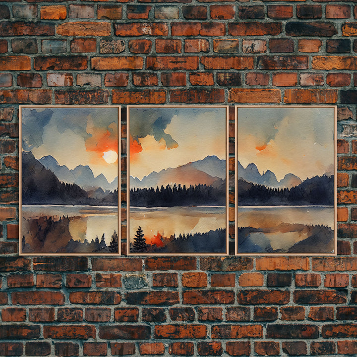 Watercolor Painting Of A Sunrise, Orange Forest and Mountain Landscape, 3 Piece Canvas Decor, 3 Piece Wall Art, Ready To Hang Canvas Prints