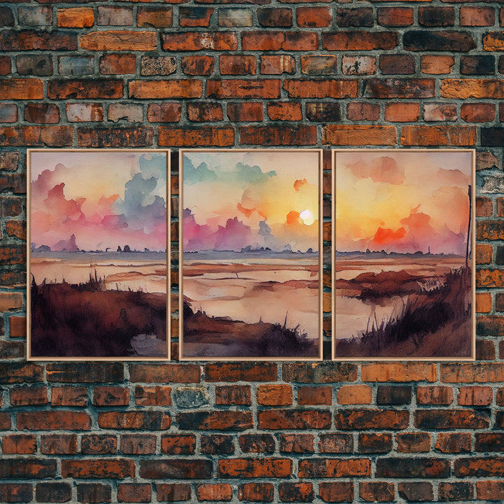 Watercolor of a beach at sunset, Abstract Lakehouse Wall Decor, 3 Piece Canvas Decor, 3 Piece Wall Art, Ready To Hang Canvas Prints