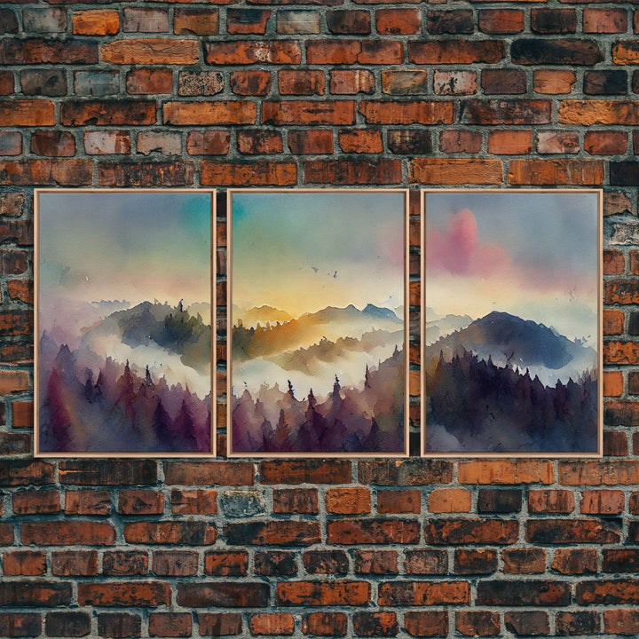 Dramatic Colorful Watercolor Sunset Landscape Abstract, Landscape Art, 3 Piece Canvas Decor, 3 Piece Wall Art, Ready To Hang Canvas Prints