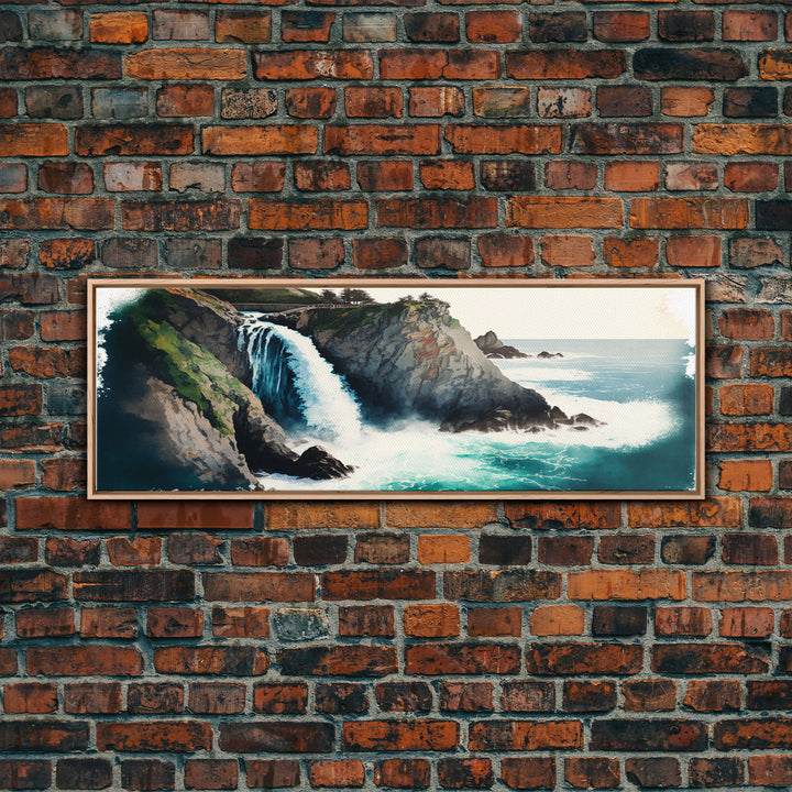 Panoramic Framed Canvas Print - Watercolor Fantasy Waterfall - Home Decor, Living Room, Secret Water Fall, Fantasy Art