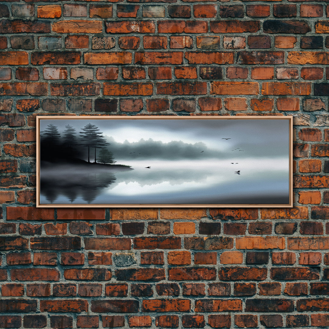 Pacific Northwest Lake & Pine Tree Forest Foggy Watercolor Canvas Print - Framed Panoramic Wall Art Home Decor