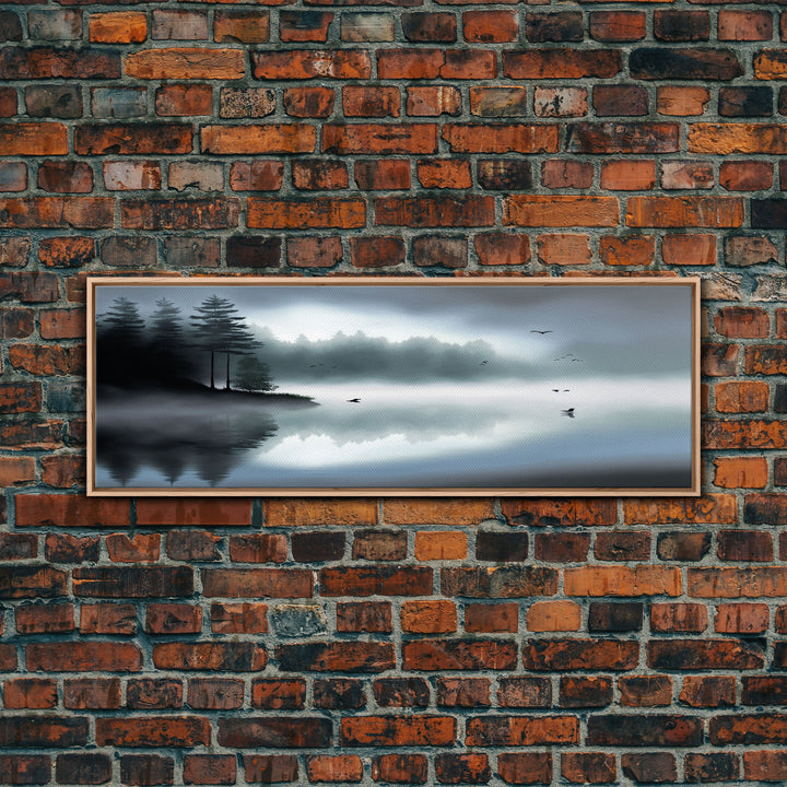 Pacific Northwest Lake & Pine Tree Forest Foggy Watercolor Canvas Print - Framed Panoramic Wall Art Home Decor