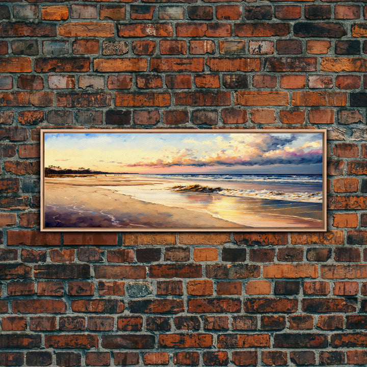Panoramic Beach Sunset Canvas Print, Watercolor Landscape Framed Art, Whimsical Home Decor, Nature Wall Art, Wide Wall Art