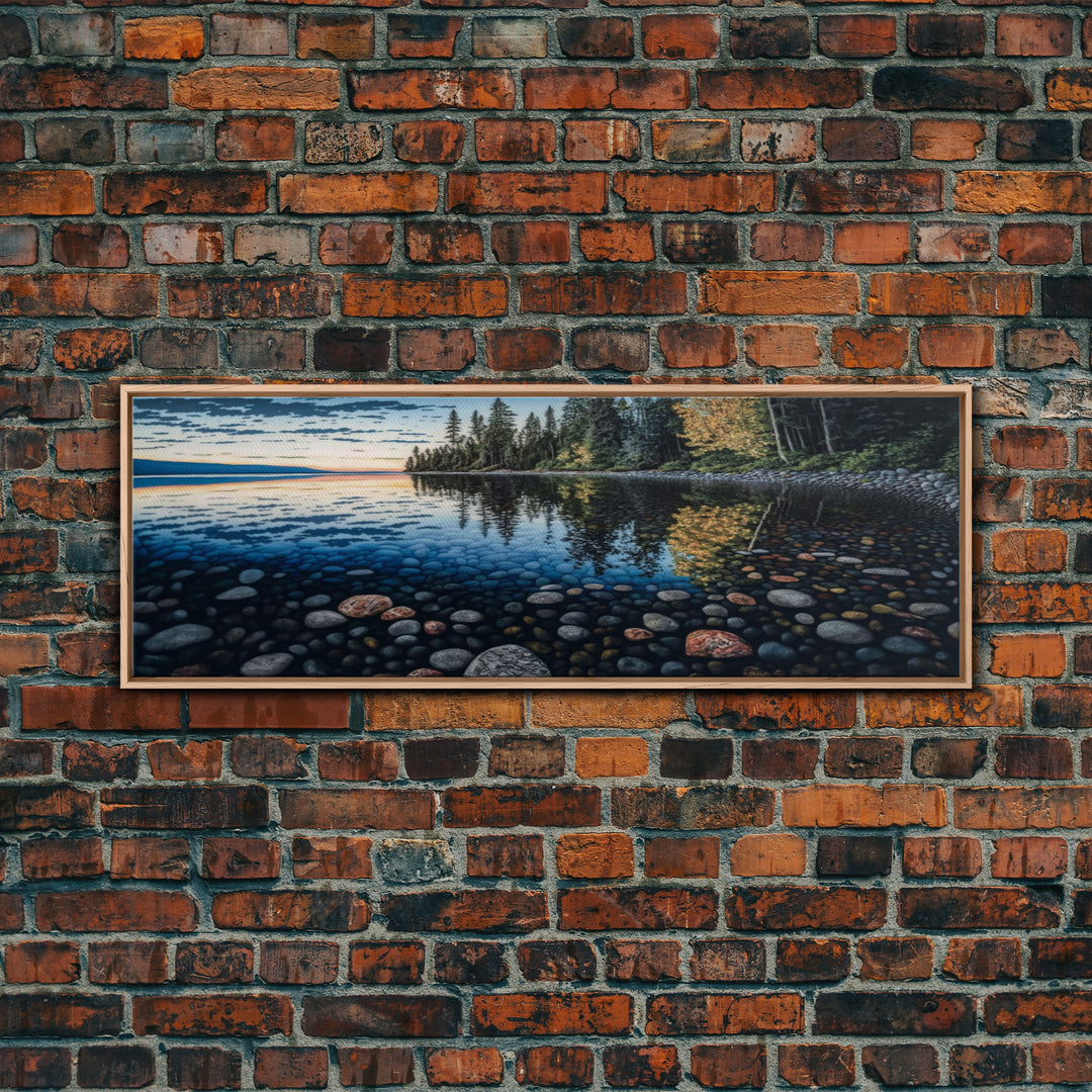 Pacific Northwest Stream or River Watercolor Panoramic Canvas Print | Framed | Colorful Pebbles | Vibrant Colors | Home & Office Décor